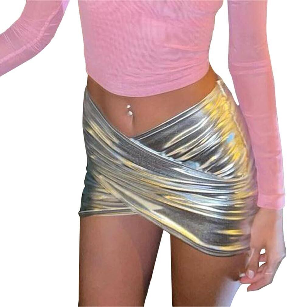 6191 Shiny Silver Metallic Cross Mini Skirt Holographic Ruched Wrap Hem